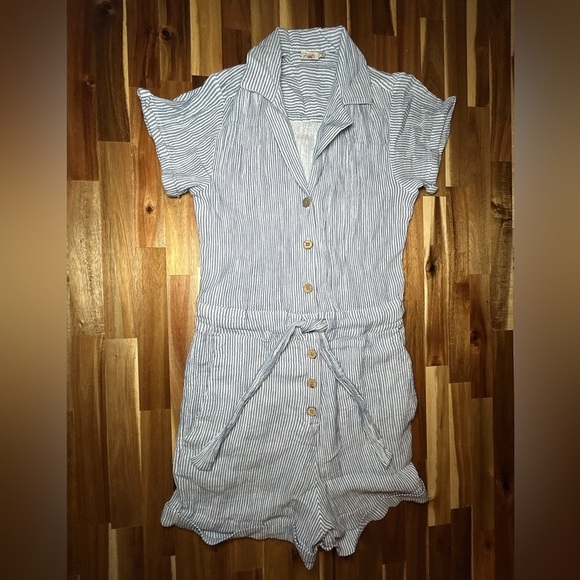 Faherty Izzy Blue Cream Striped Double Gauze Button Front Cotton Romper Sz Small - Picture 2 of 11